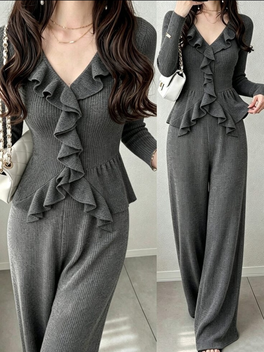 Ruffle Trim Tee Wide Leg Pants Office Tea Party Brunch Dark Grey Autumn